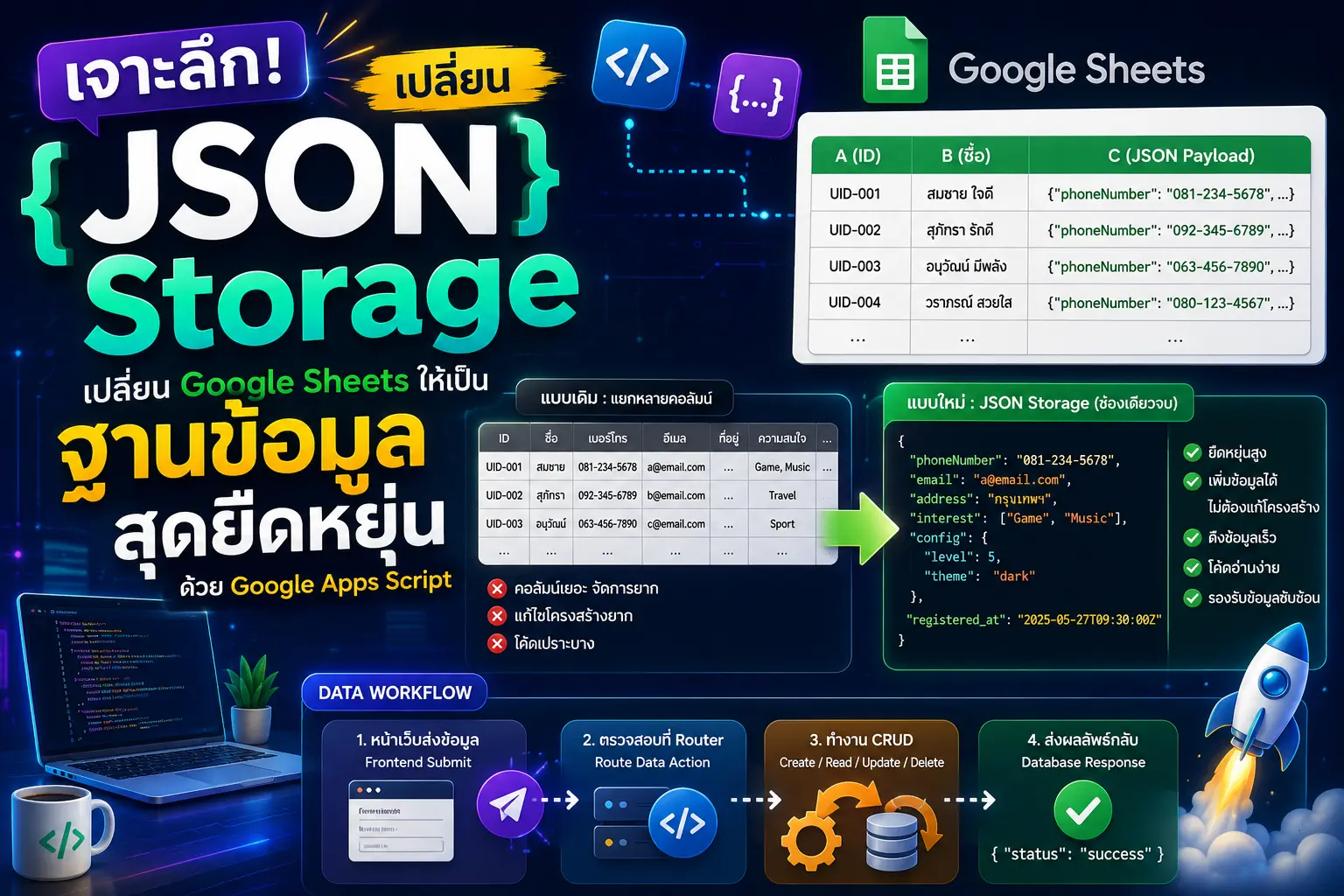 เจาะลึก JSON Storage เปลี่ยน Google Sheets ให้เป็นฐานข้อมูลสุดยืดหยุ่น